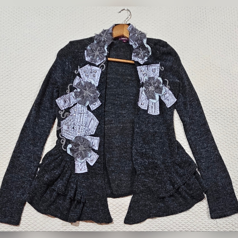Lulumari Charcoal Gray Ruffle Cardigan with Floral Appliqué Accents Size S
